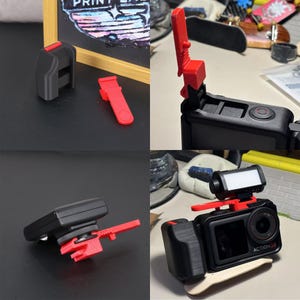 Può includere: Una collezione di accessori per fotocamera stampati in 3D, tra cui un alloggiamento per fotocamera nero, staffe di montaggio rosse e una piccola luce LED. Gli accessori sono progettati per essere collegati a una action camera nera. L'immagine mostra gli accessori in varie configurazioni.