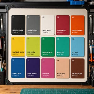 May include: A color swatch display board featuring fifteen rectangular samples labeled 01 through 15. Colors include Obsidian Black, Graphite Gray, Ivory White, Crimson Red, Vibrant Orange, Sunflower Yellow, Lime Green, Emerald Green, Aqua Teal, Sky Blue, Cobalt Blue, Royal Purple, Rose Pink, Peach Nude, and Walnut Brown, each with its corresponding hex code.