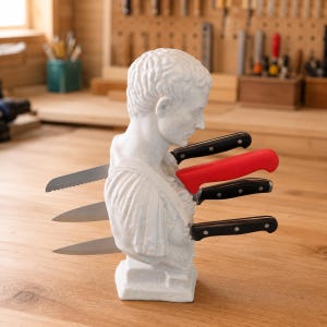 May include: A white stone-textured bust of a classical figure serving as a knife block. The sculpture features four horizontal slots holding kitchen knives, including three with black handles and one with a bright red handle, inserted into the chest.