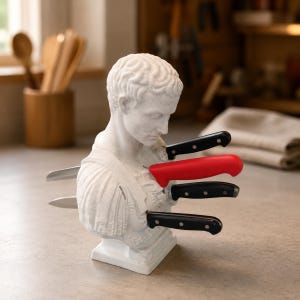 May include: A white stone-textured bust of a classical figure serving as a knife block. The sculpture features multiple slots holding various kitchen knives, including three with black handles and one with a bright red handle, inserted into the chest.