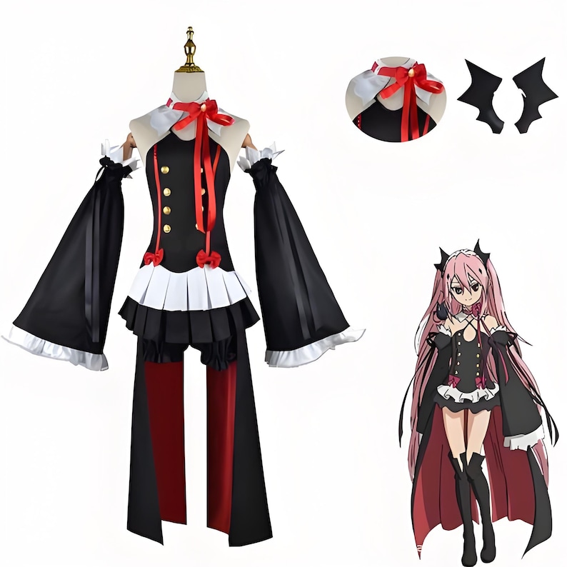 May include: Black and red cosplay costume with a white collar and pleated skirt. The costume features long, flared sleeves and gold buttons. Includes a matching collar with a red bow and two black wing-shaped hair accessories. A cartoon image of the character is also shown.