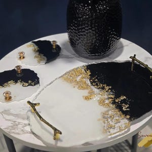 Decorative Tray Table Centerpiece Black & Gold | Handmade Resin Tray Kitchen Decor | Housewarming Gift For Friend | Wedding Gift For Bride