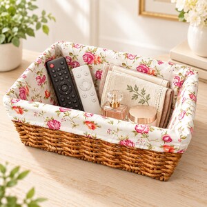 Small Rectangular Wicker Storage Basket with Floral Fabric Liner, Shallow Boho Organizer
