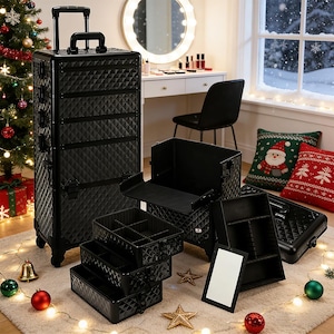 May include: Black rolling makeup case with multiple compartments and a diamond pattern. Includes a smaller makeup case, trays, and a mirror. The scene is set in a room with a Christmas tree and festive decorations.