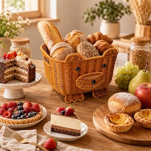 May include: A brown woven basket shaped like a bear, filled with various breads including a baguette, round loaves, and croissants. The basket features two small ears, two black eyes, and a snout, sitting on four small woven feet on a wooden table.