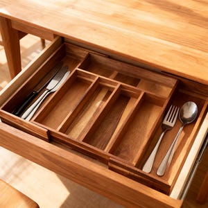 May include: Wooden cutlery drawer with compartments, partially open, revealing silverware. The drawer is made of light brown wood and contains knives, forks, and spoons. The drawer is built into a wooden table.