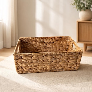 May include: A rectangular woven basket with built-in handles. The basket is made of natural-colored woven material. The basket is sitting on a light-colored rug.