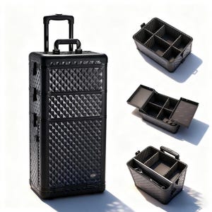 May include: Black rolling makeup case with a geometric diamond pattern. The case has multiple compartments and a telescoping handle. Additional black makeup organizers are also shown, with various compartments and lids.