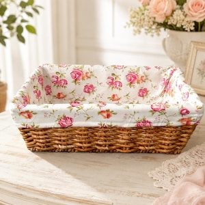 Small Rectangular Woven Wicker Basket with Liner, Boho Tray, Handmade Storage