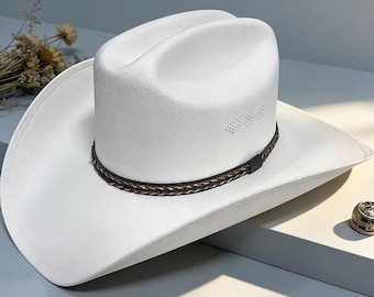 Weißer Western Cowboy Hut für Männer & Frauen, Klassischer Rodeo Style Hut mit breiter Krempe und geflochtenem Band, Country Festival Sonnenhut