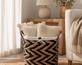 Large Round Wicker Laundry Hamper with Handles, Handwoven Rattan Clothes Basket (Removable Liner)