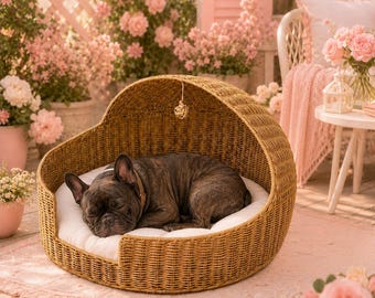 May include: A dark brindle French Bulldog sleeping inside a round, tan woven wicker pet bed with a domed hood. The bed features a soft, white, tufted cushion base. A small, decorative woven ball hangs from the center of the interior dome roof.