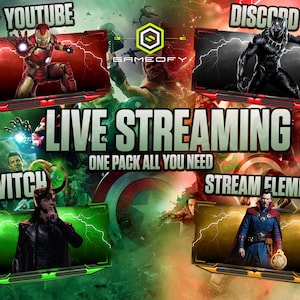 Puede incluir: Un gráfico promocional para transmisión en vivo, con personajes de superhéroes y logotipos de plataformas. El diseño incluye las palabras "LIVE STREAMING" y "ONE PACK ALL YOU NEED". También son visibles los logotipos de YouTube, Discord, Twitch y Stream Element.