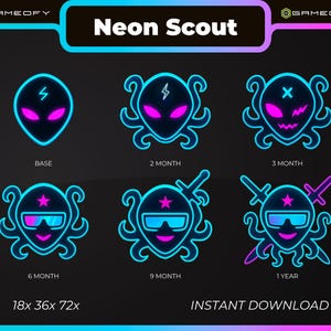 May include: A digital graphic featuring neon-style alien designs in blue and pink. The text "Neon Scout" is at the top. The image includes various alien designs with different accessories and text labels such as "BASE", "2 MONTH", and "1 YEAR". The dimensions are 18x36x72 pixels.