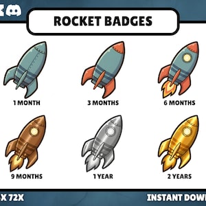 May include: A collection of six cartoon rocket badges with varying colors and designs. Each rocket represents a time period: 1 month, 3 months, 6 months, 9 months, 1 year, and 2 years. The text "ROCKET BADGES" is at the top.