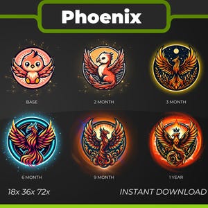 May include: A set of six digital illustrations featuring a phoenix bird in various stages of growth. The illustrations are circular and feature a bright orange, yellow, and red colour scheme. The text "Phoenix" is at the top of the image, and the text "18x 36x 72x" is at the bottom of the image. The text "BASE", "2 MONTH", "3 MONTH", "6 MONTH", "9 MONTH", and "1 YEAR" are below each illustration.
