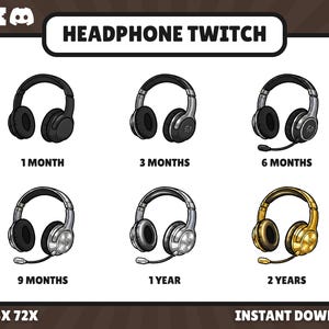 May include: A graphic featuring six different headphone designs with microphones. Each headphone is labeled with a time period: 1 month, 3 months, 6 months, 9 months, 1 year, and 2 years. The text "HEADPHONE TWITCH" is at the top.
