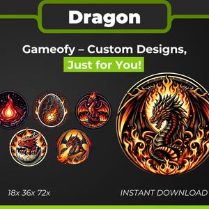 May include: A set of five digital illustrations featuring a fiery dragon in various poses. The dragon is depicted with orange, red, and yellow flames. The illustrations are available in three sizes: 18x, 36x, and 72x.