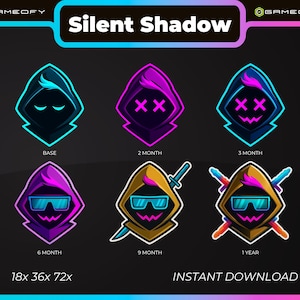 May include: A digital graphic featuring a hooded figure with various expressions and accessories. The text "Silent Shadow" is at the top. The graphic includes the text "BASE", "2 MONTH", "3 MONTH", "6 MONTH", "9 MONTH", and "1 YEAR". The words "INSTANT DOWNLOAD" are at the bottom.