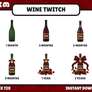 May include: Graphic featuring six wine bottle designs labeled with time increments. The bottles vary in color and decoration, with some featuring ribbons and roses. The text "WINE TWITCH" is at the top, and "INSTANT DOWNLOAD" is at the bottom.