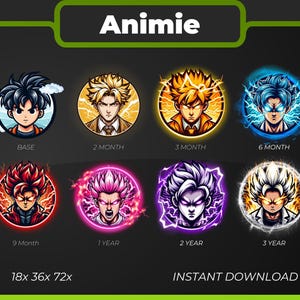Può includere: Una grafica di arte digitale con otto ritratti di personaggi in stile anime con diversi colori di capelli ed effetti energetici. Il testo "Animie" è in alto, con etichette come "BASE", "2 MONTH" e "3 YEAR" sotto. L'immagine include anche "18x 36x 72x" e "INSTANT DOWNLOAD".