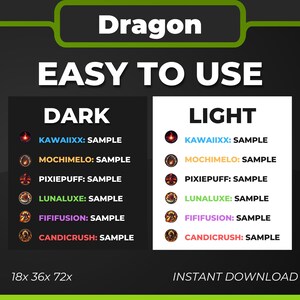 May include: A graphic showing different color options for a Dragon themed design. The design is available in dark and light color schemes. The design is available in three sizes: 18x, 36x, and 72x. The design is available for instant download.