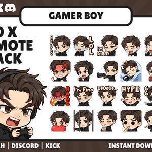 May include: A digital art pack labeled "Gamer Boy" with 20 emotes. The emotes feature a cartoon character with various expressions, including "Hello," "LOL," and "WTF." The pack is for Twitch, Discord, and Kick, with an instant download option.