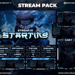 Könnte beinhalten: Ein digitales Stream-Paket mit einem blau-weißen Anime-Thema. Das Paket enthält Overlays für Twitch, Kick und Discord mit dem Text "Stream is Starting" und Social-Media-Symbolen. Das Paket ist ein sofortiger Download.