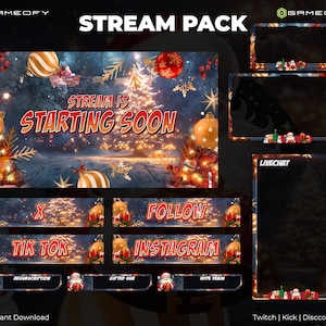 Peut inclure: Un pack de stream numérique sur le thème de Noël. Le visuel principal affiche "Stream is Starting Soon" avec des décorations de Noël. Comprend des icônes de réseaux sociaux et un overlay de chat en direct.