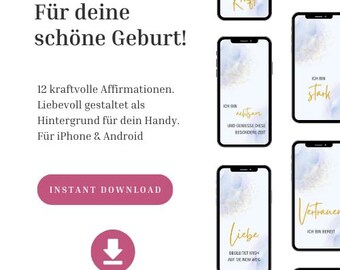 May include: A digital download of 12 affirmation phone wallpapers with a blue and white background and gold text. The text includes phrases like "I am strong" and "I trust my intuition".
