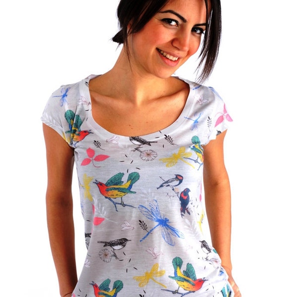 Printemps mode, moineaux femmes chemises - fashion printemps - oiseaux femmes t-shirt - imprimé des deux côtés - mode automne
