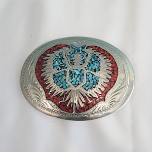 Vintage Wil-Aren Handcrafted Western Belt Buckle Turquoise Coral Inlay Eagle USA
