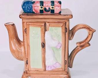 World Bazaar Novelty Teapot Wardrobe Armoire Suitcase Ceramic Collectible Cottagecore Tea Pot