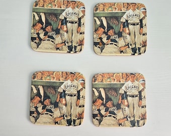 Vintage Norman Rockwell Set Of 4 Coaster Painting "The Dugout" Paper With Cork