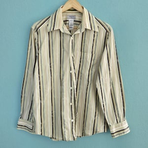 Claiborne Luxe Mens Dress Shirt Size M Vintage Retro Leaf Print Striped Nuetral