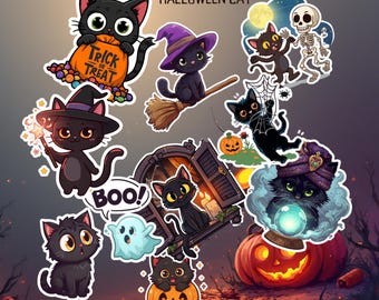 Halloween Black Cat Sticker Pack: Witch Cat PNG Stickers (Digital Download)
