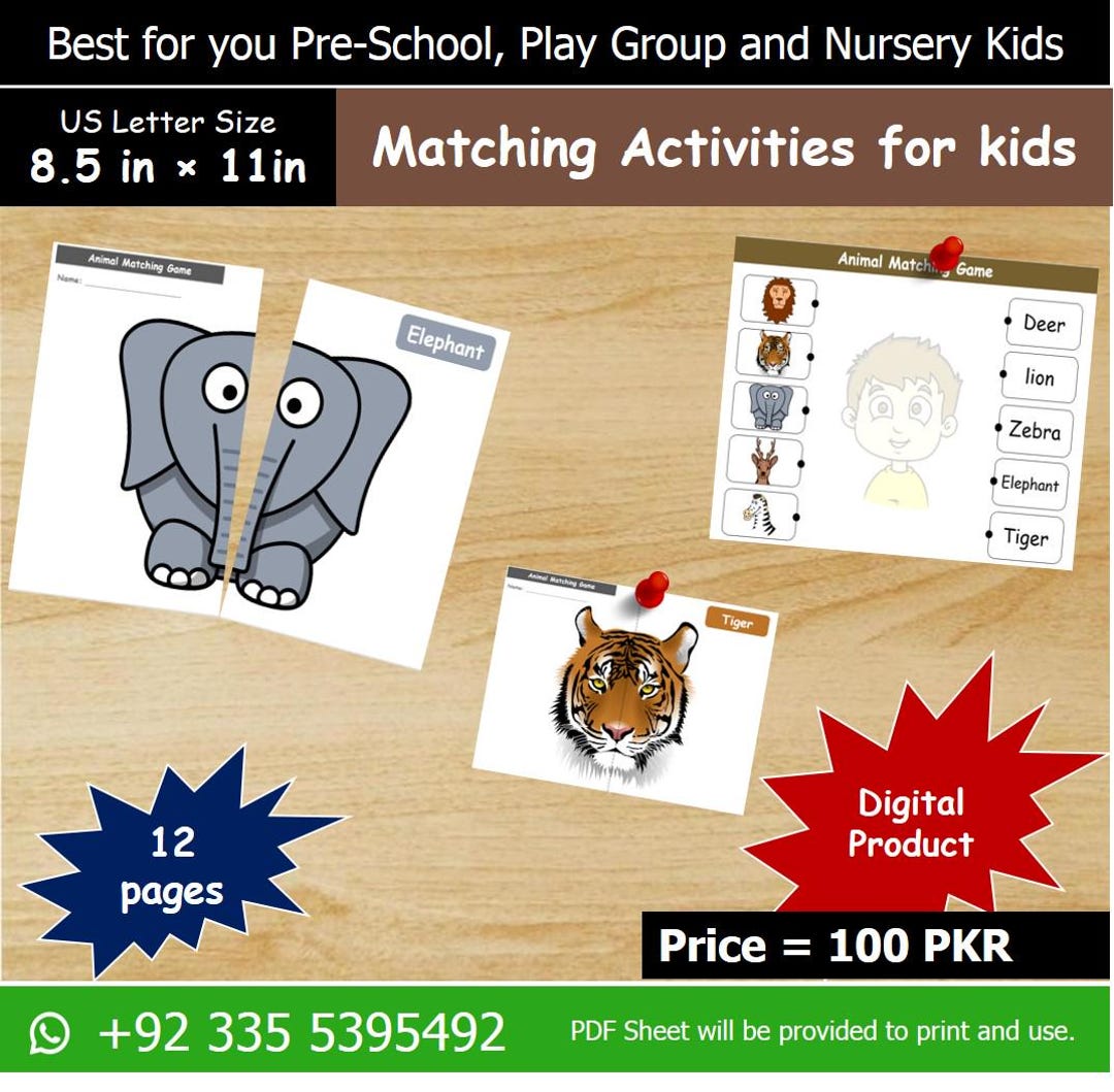 12 Matching Worksheets, Preschool Activity for Kids, Matching Work ...