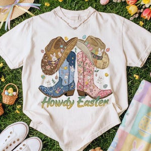Western påskstövlar sublimering PNG - Howdy Easter Cowboy Bunny digital nedladdning - Country Spring Holiday Patchwork Design