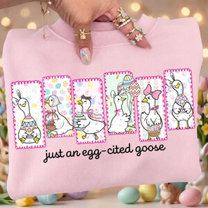 May include: Pink sweatshirt featuring a graphic of six cartoon geese with Easter egg designs. Each goose is in a rectangular frame with a pink border. The text "just an egg-cited goose" is printed below the geese.