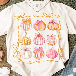 Pode incluir: Camiseta branca com um design em aquarela de nove abóboras em vários padrões e cores, incluindo rosa, laranja e branco, cada uma com um laço. As abóboras são dispostas em uma grade 3x3, emolduradas por uma borda decorativa laranja.