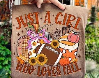 Design per sublimazione di magliette autunnali: ragazza con zucca, pallone da calcio, fiocco (download digitale PNG)