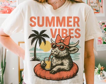 Summer vibes Png, Highland cow design Png, Retro summer shirt design, Funny beach shirt print, Summer sublimation design, Beach graphic PNG