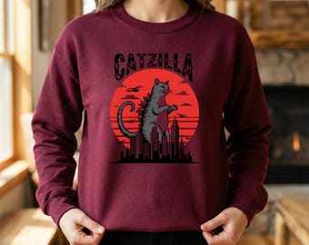 Camiseta retro japonesa Catzilla, regalo divertido para amantes de los gatos, camiseta con estampado de gato al atardecer, camiseta unisex vintage de gato, sudadera japonesa Catzilla