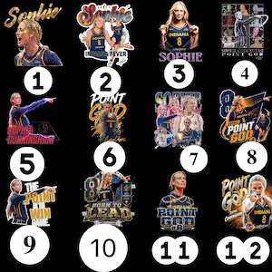 May include: A collection of twelve graphic designs featuring basketball player Sophie Cunningham in an Indiana Fever jersey with number 8. The designs include text such as Sophie, Point God, Born to Lead, and The Point is to Win Game in various fonts.