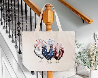 4th of July Chicken Tote Bag, Fourth of July Tote Bag, American 4th of July Bag, Patriotic Tote Bag, American Flag Bag