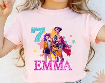 Custom Birthday Girl T-Shirt | Anime K-pop Demon Hunters Design, Personalized Name, Kids Birthday Tee,Birthday Party Outfit
