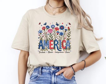 America Freedom Brave Independence Power Shirt, Floral America T-Shirt, Floral Brushstroke USA Shirt, 4th Of July Tee