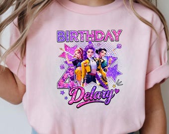 Custom Birthday Girl Tee Kids Birthday Outfit Anime Style Party Shirt K-pop Demon Hunters