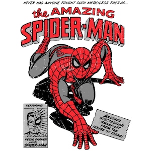 Puede incluir: Ilustraci&oacute;n de c&oacute;mic de Spider-Man en rojo y negro, con el t&iacute;tulo "the AMAZING SPIDER-MAN". La imagen incluye texto: "NEVER HAS ANYONE FOUGHT SUCH MERCILESS FOES AS..." y "ANOTHER SPECTACULAR SMASH-HIT FROM THE HOUSE OF IDEAS!" Dise&ntilde;o de c&oacute;mic cl&aacute;sico.