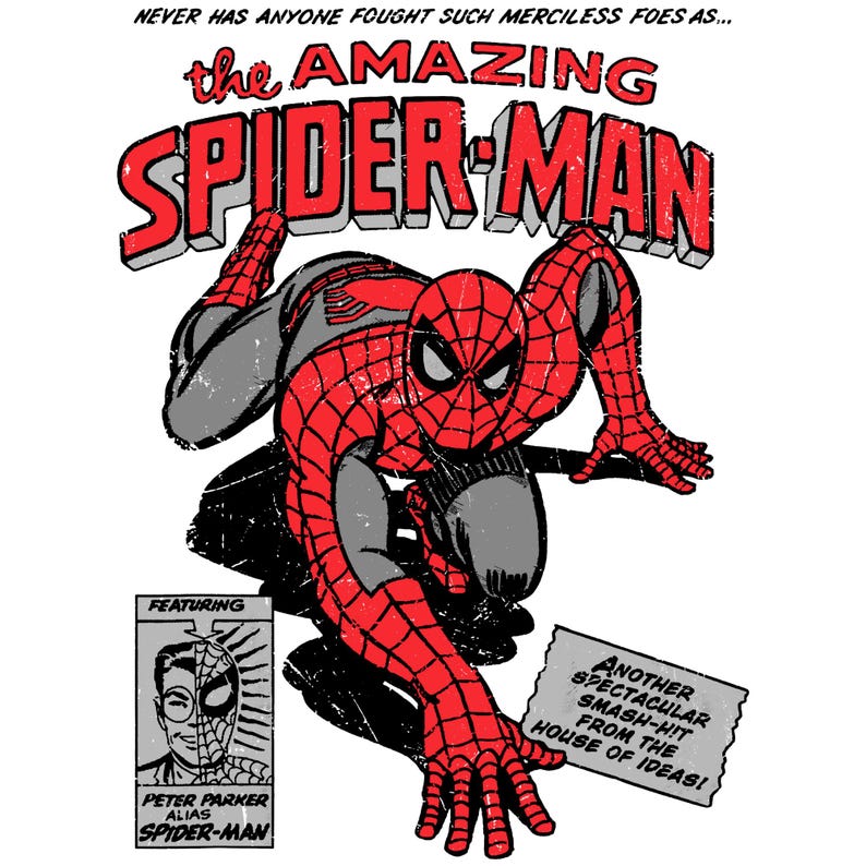 Puede incluir: Ilustraci&oacute;n de c&oacute;mic de Spider-Man en rojo y negro, con el t&iacute;tulo "the AMAZING SPIDER-MAN". La imagen incluye texto: "NEVER HAS ANYONE FOUGHT SUCH MERCILESS FOES AS..." y "ANOTHER SPECTACULAR SMASH-HIT FROM THE HOUSE OF IDEAS!" Dise&ntilde;o de c&oacute;mic cl&aacute;sico.